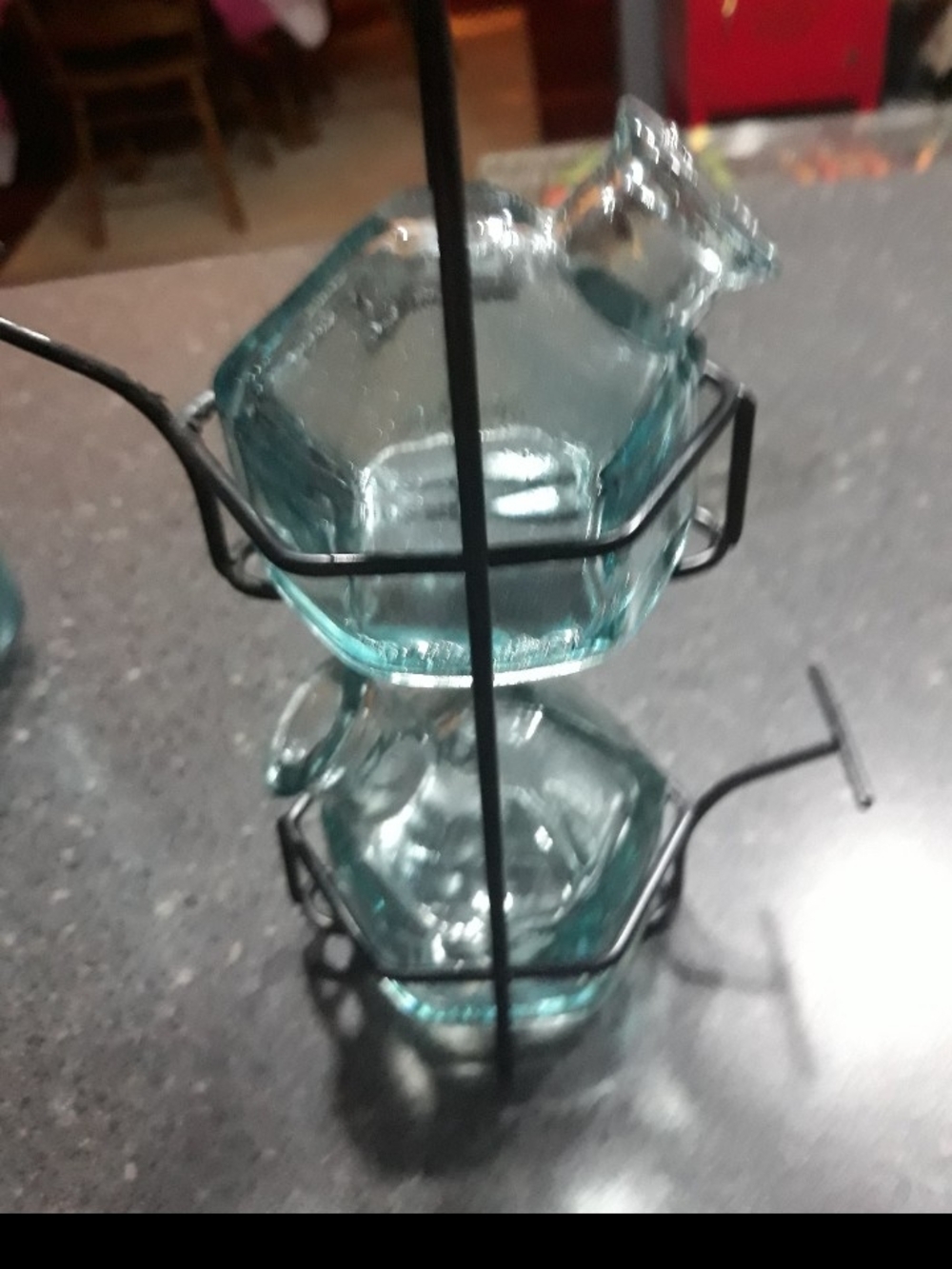 Aqua Glass Hexagon  Bottle Set with Rack - Home Accents
